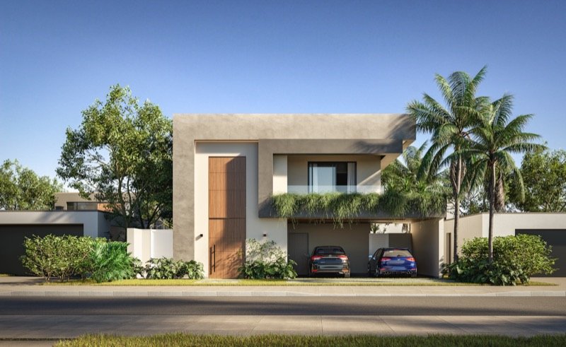 Fachada de casa contemporânea em Goiânia com porta pivotante de madeira e jardim suspenso